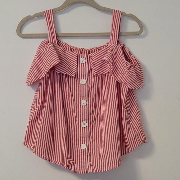 ❣️HP❣️Crown & Ivy cold shoulder pink & white stripe short cotton blouse sz: PM - Picture 4 of 6